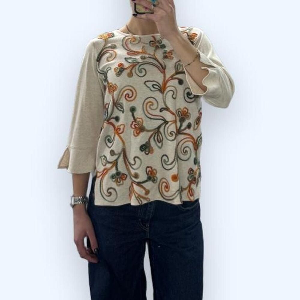Y2K Alfred Dunner Women's Cream Thick Floral Embroidered Floral 3/4 Sleeve Top - Picture 4 of 7